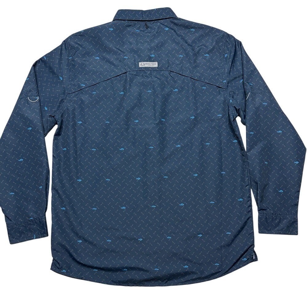 Realtree Fishing Shirt Mens Medium Navy Blue Anchor Fish Print Long Sleeve Vent - Picture 2 of 6